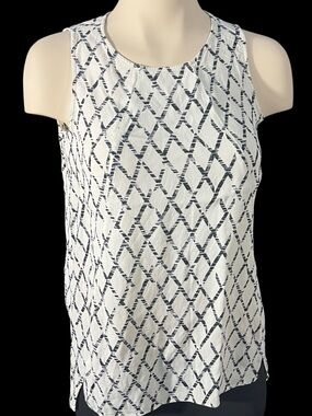 Vince Camuto White Tank Blouse Top with Navy Geometric Print